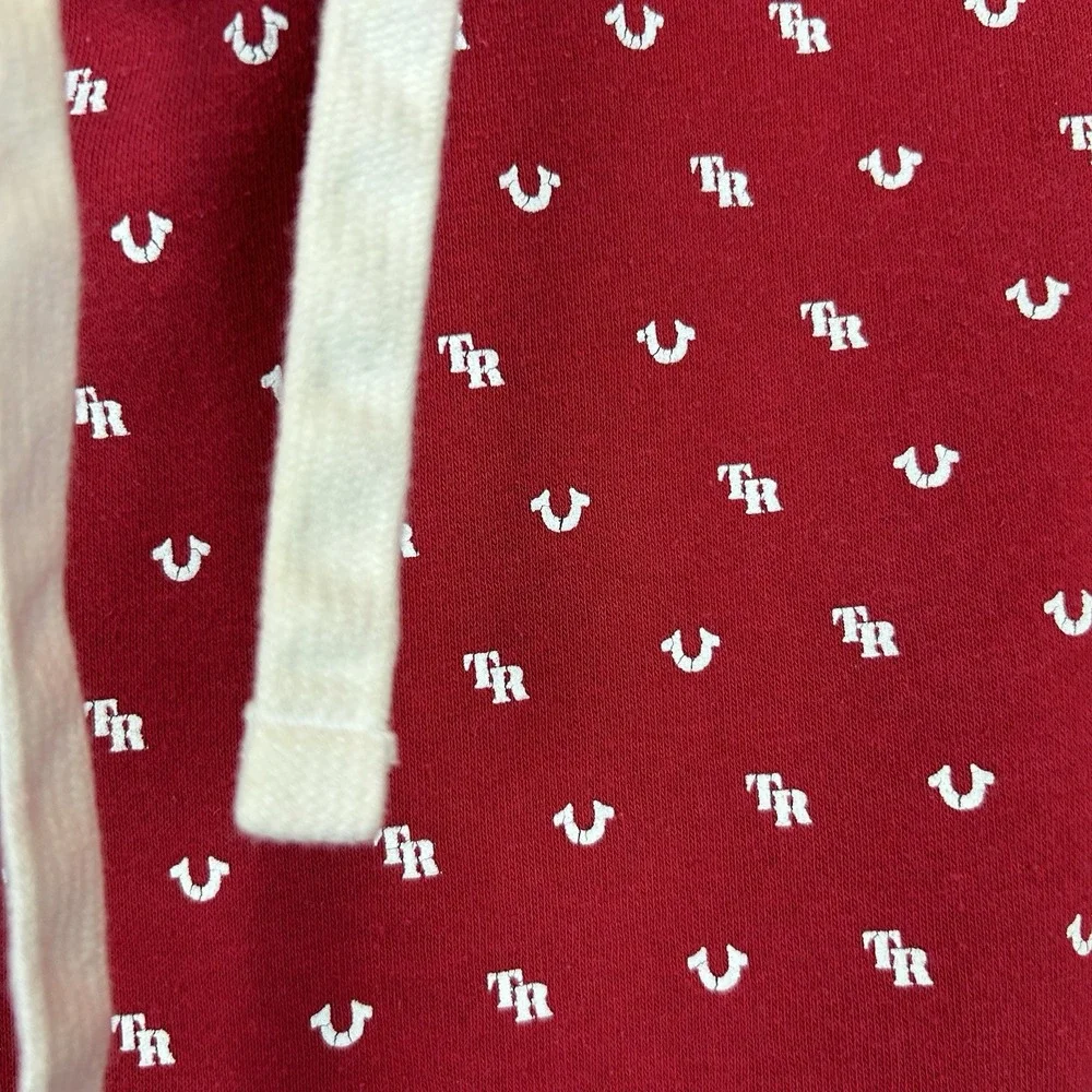 True Religion Hoodie Sweatshirt Men Size Large Monogram Logo All Over Print Red